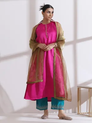 2 Pc Set - Prf'T Lux Fuchsia Sleeveless Embroiderd Kurta With Airskin Green Pants