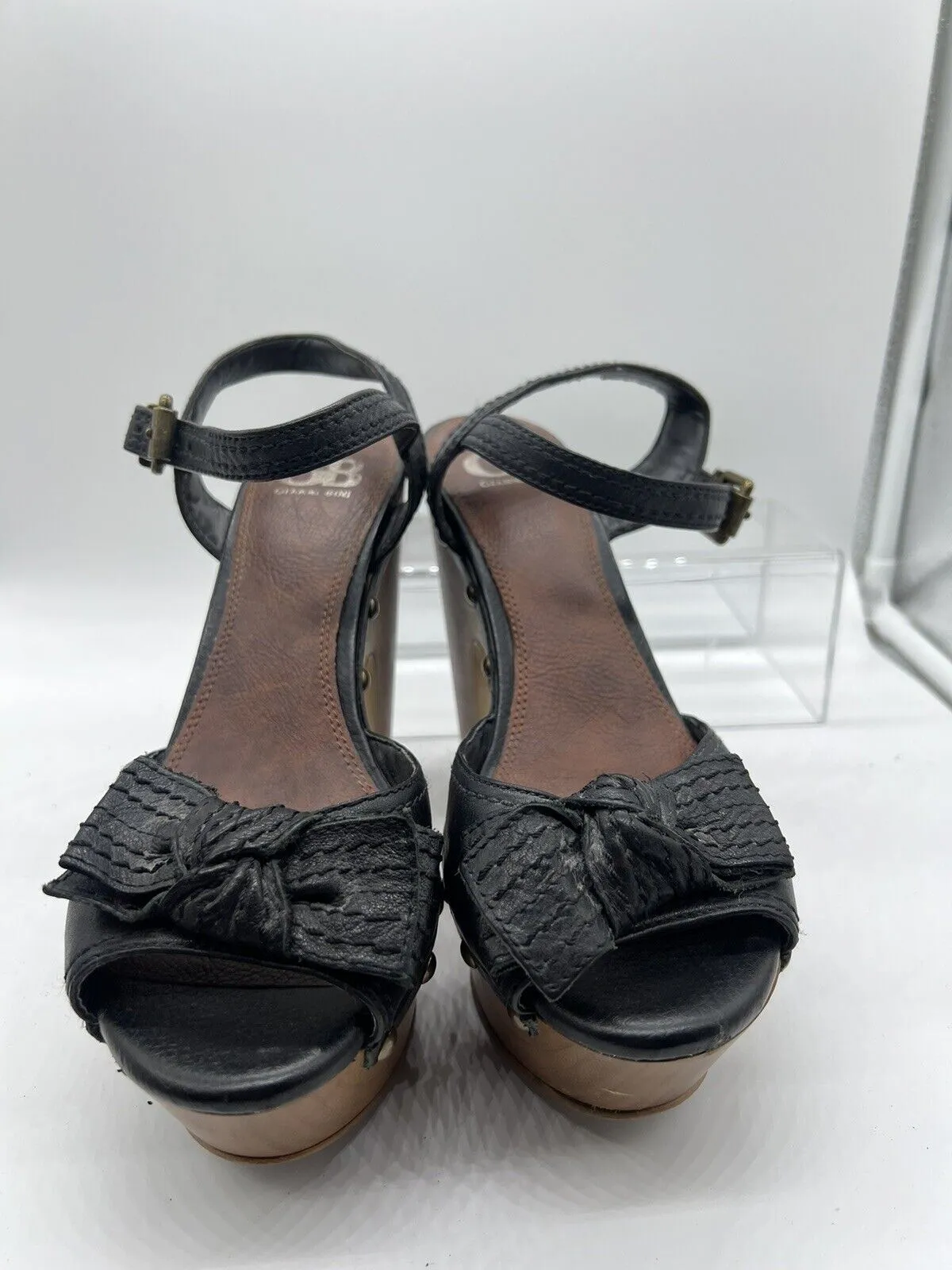 9M gianni bini bow wedge Wooden Sandal High Heel Open Toe Platform Sling Black