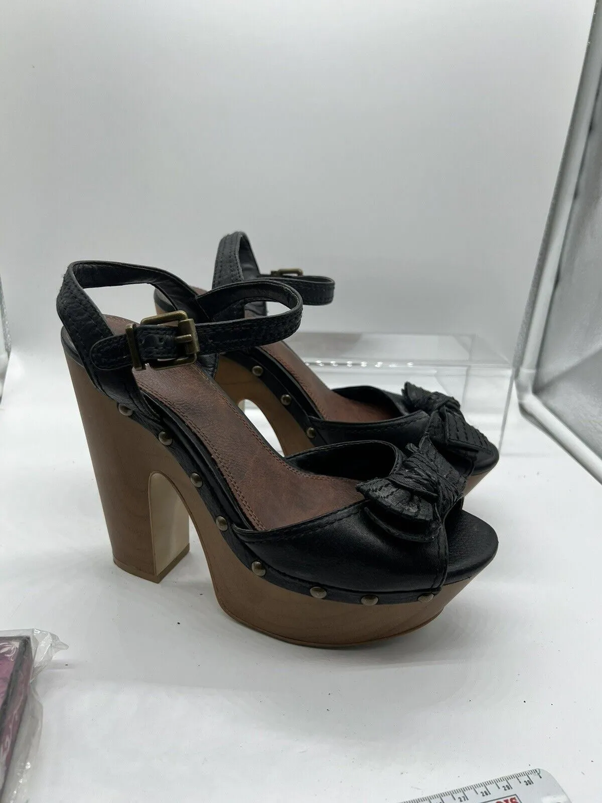 9M gianni bini bow wedge Wooden Sandal High Heel Open Toe Platform Sling Black