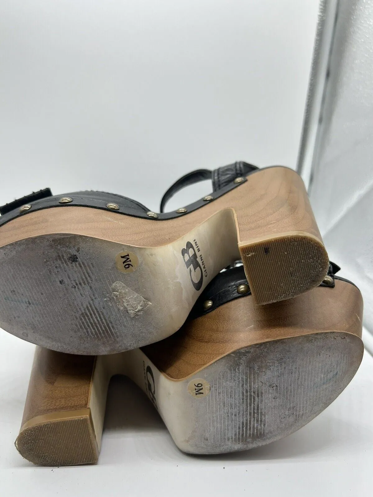 9M gianni bini bow wedge Wooden Sandal High Heel Open Toe Platform Sling Black