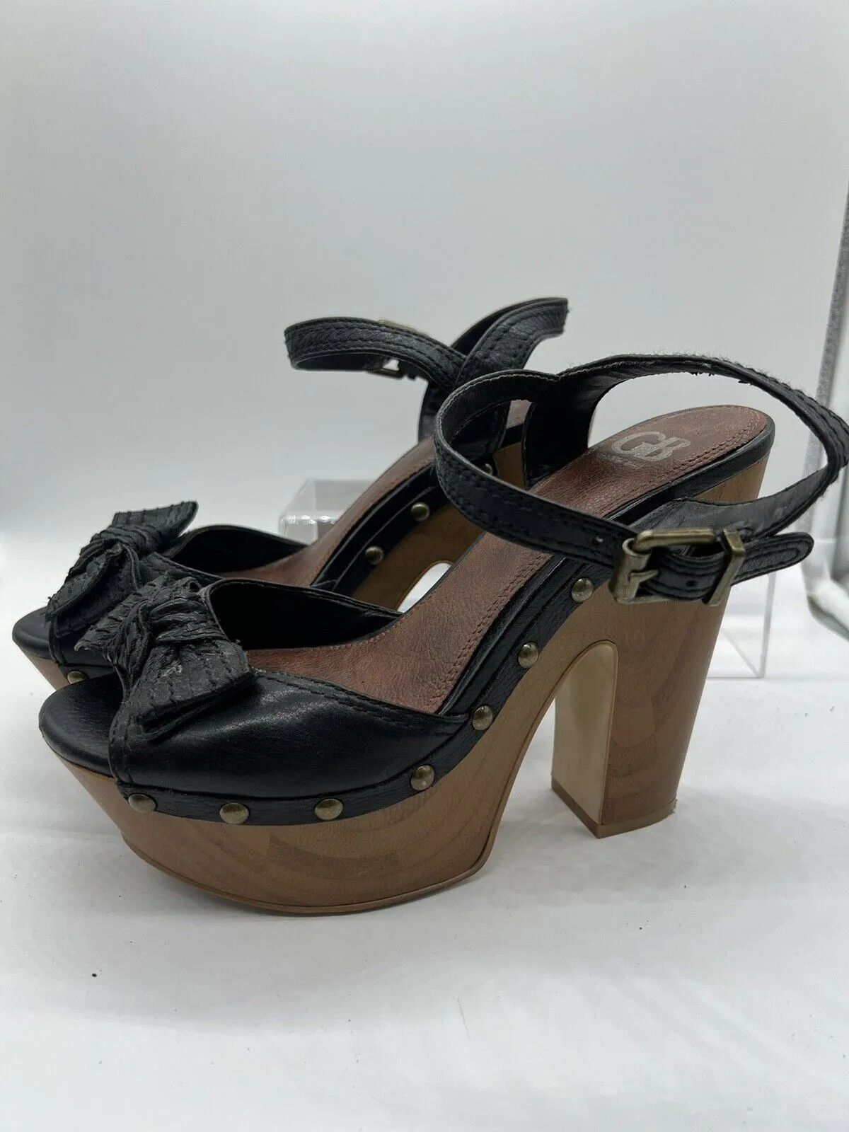 9M gianni bini bow wedge Wooden Sandal High Heel Open Toe Platform Sling Black