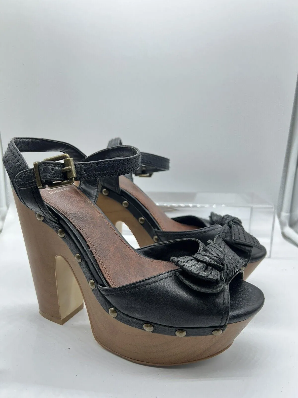 9M gianni bini bow wedge Wooden Sandal High Heel Open Toe Platform Sling Black