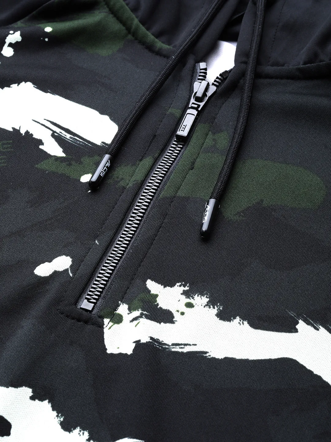 Alcis Men Olive Green Black Camouflage Print Hooded Sweatshirt