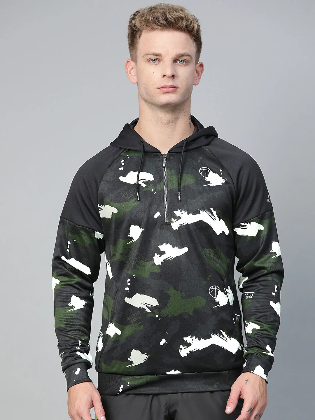 Alcis Men Olive Green Black Camouflage Print Hooded Sweatshirt