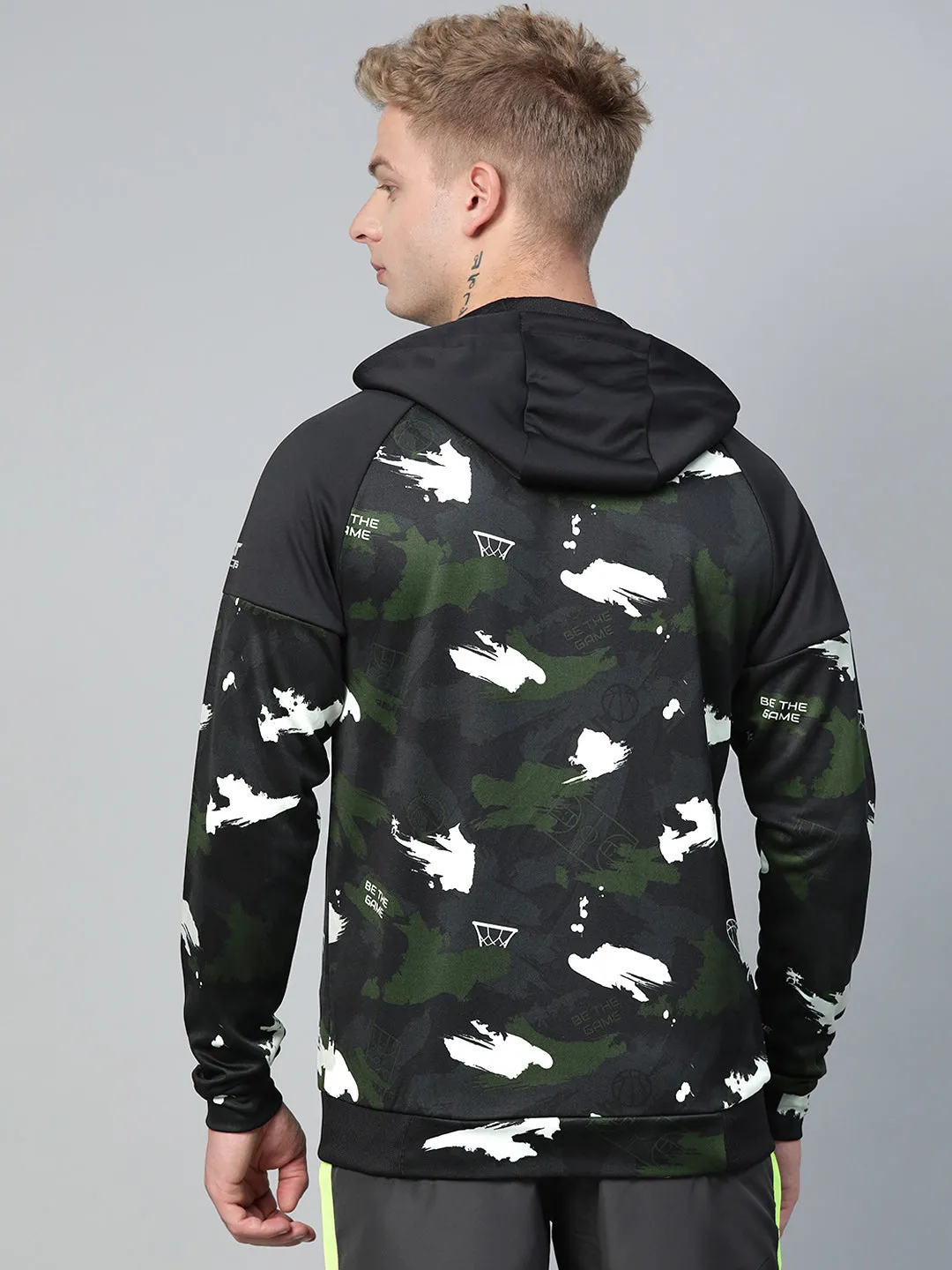 Alcis Men Olive Green Black Camouflage Print Hooded Sweatshirt