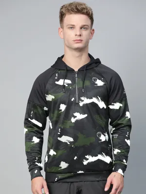 Alcis Men Olive Green Black Camouflage Print Hooded Sweatshirt
