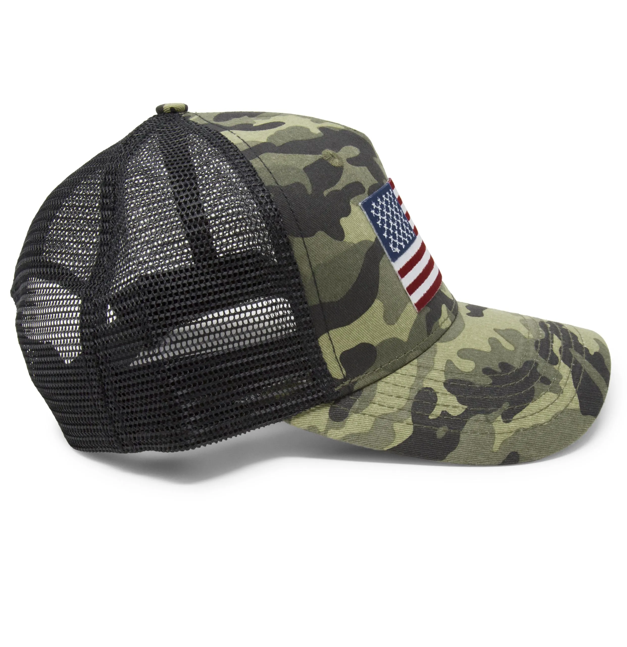American Flag Trucker Baseball Snapback Hat (Camouflage) - International Tie