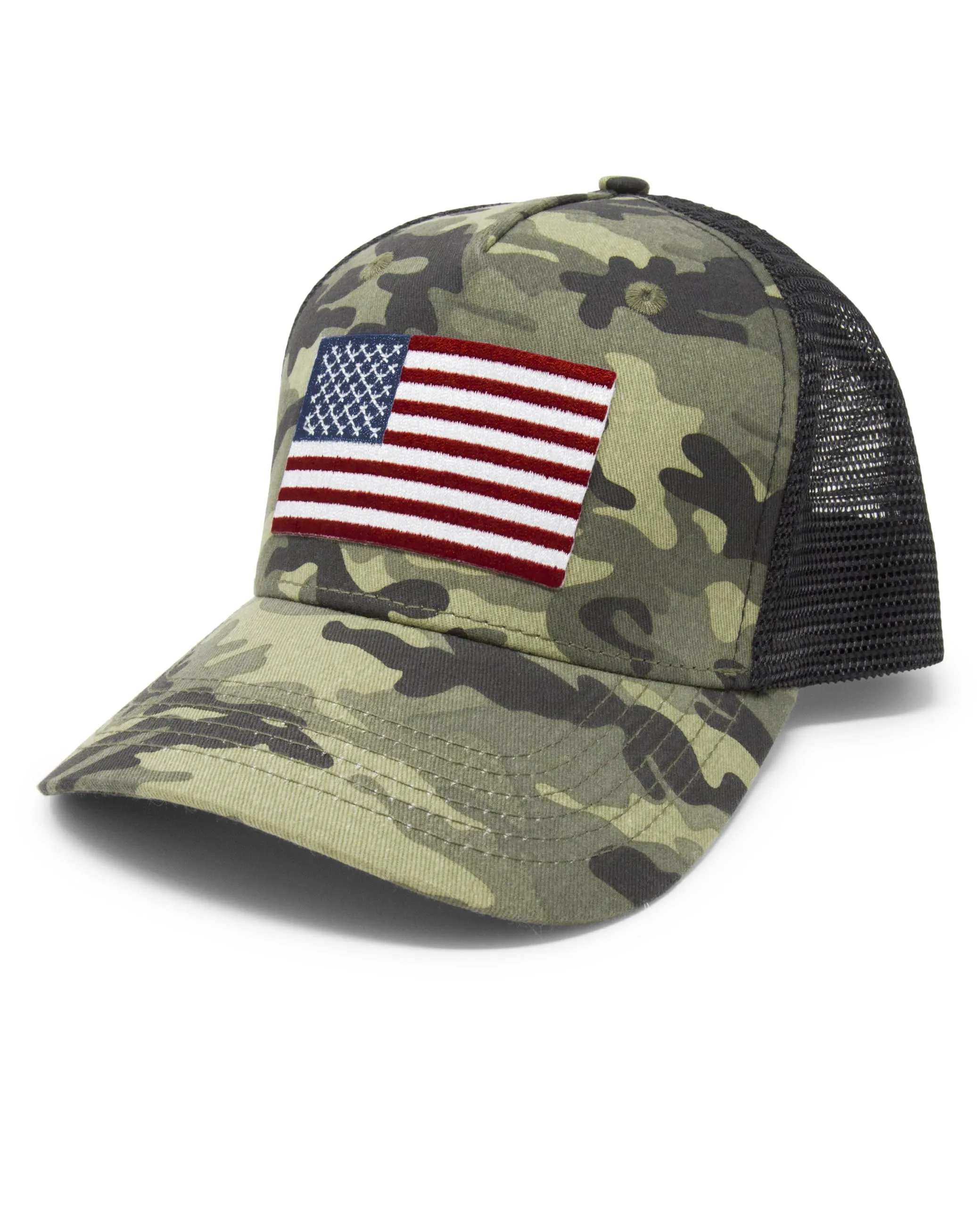 American Flag Trucker Baseball Snapback Hat (Camouflage) - International Tie