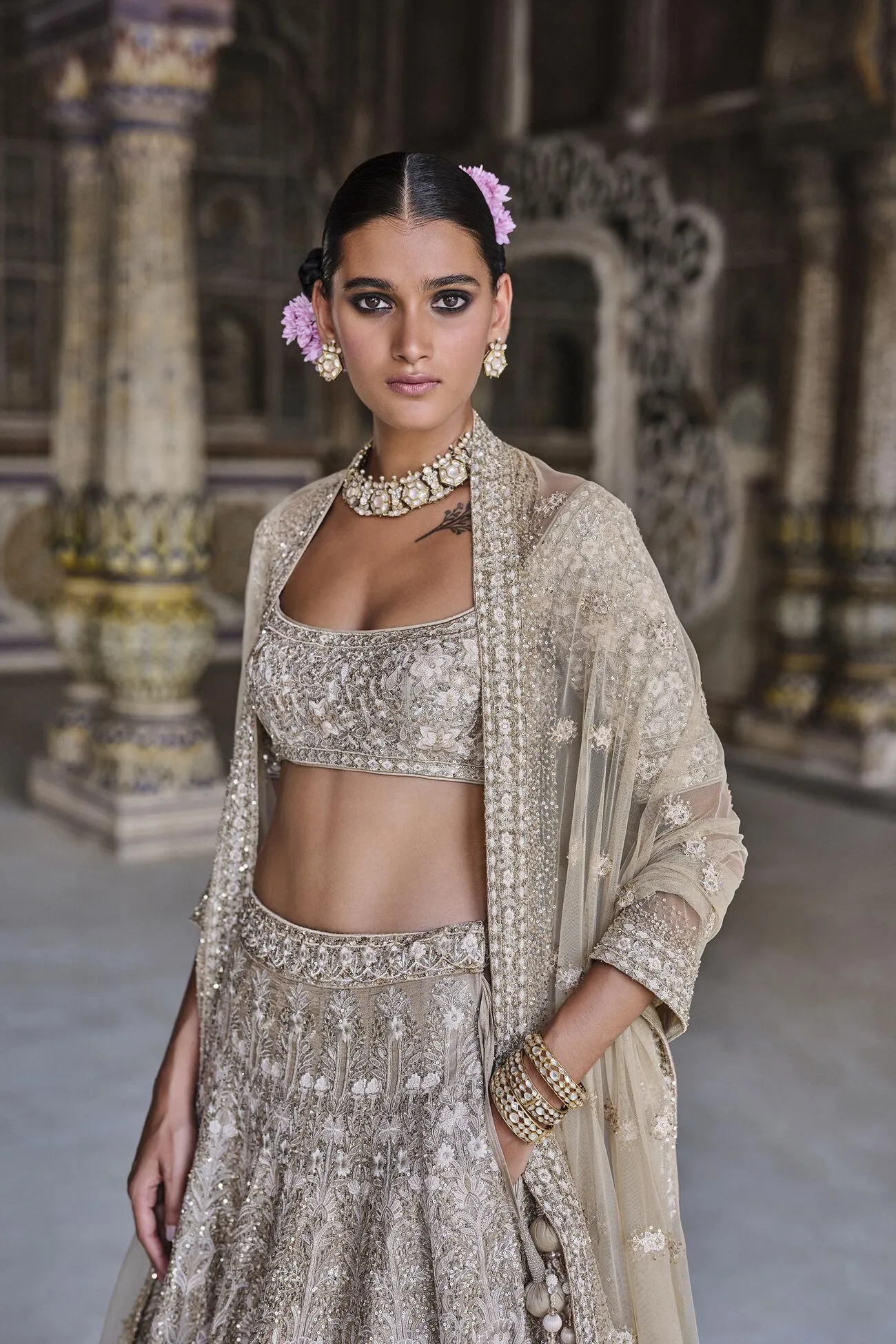 Arisa Embroidered Silk Lehenga Set - Gold