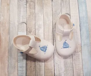 Baby Boys Soft White And Pale Blue Shoe Boat Design