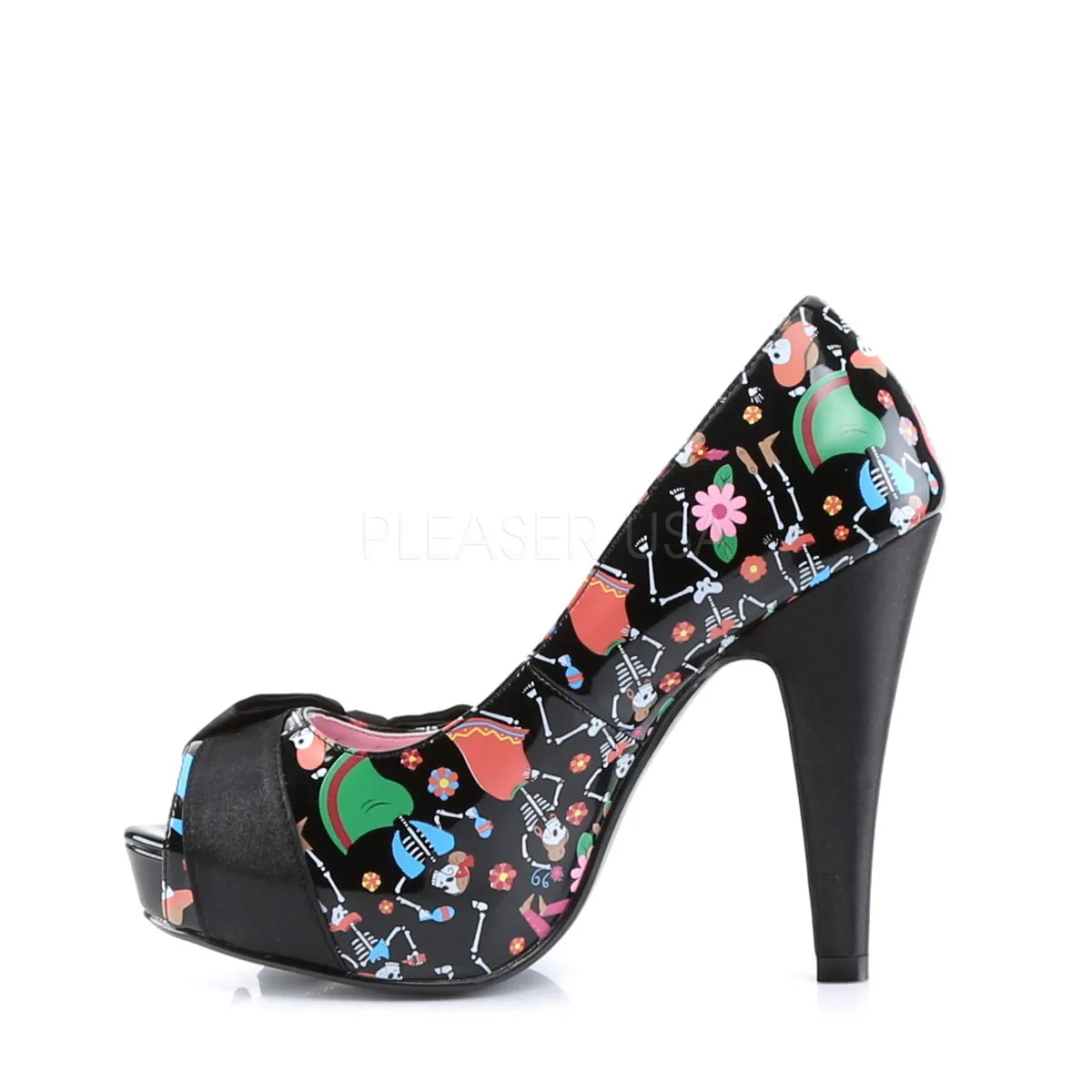 BETTIE-13  Black Patent-Black Satin (Muertos Print)