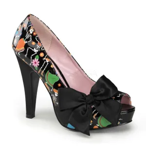 BETTIE-13  Black Patent-Black Satin (Muertos Print)
