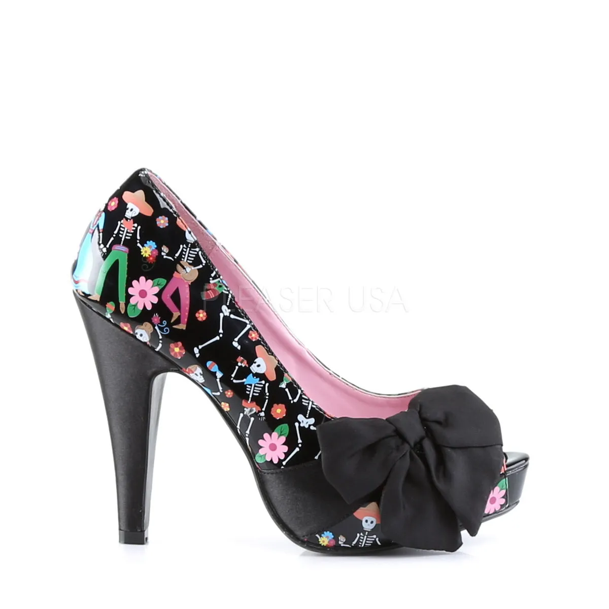 BETTIE-13  Black Patent-Black Satin (Muertos Print)