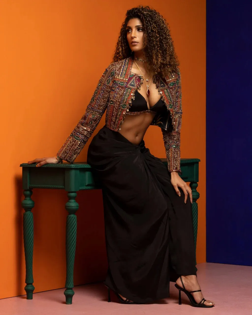 Black Draped Skirt & Heavy Jacket Set