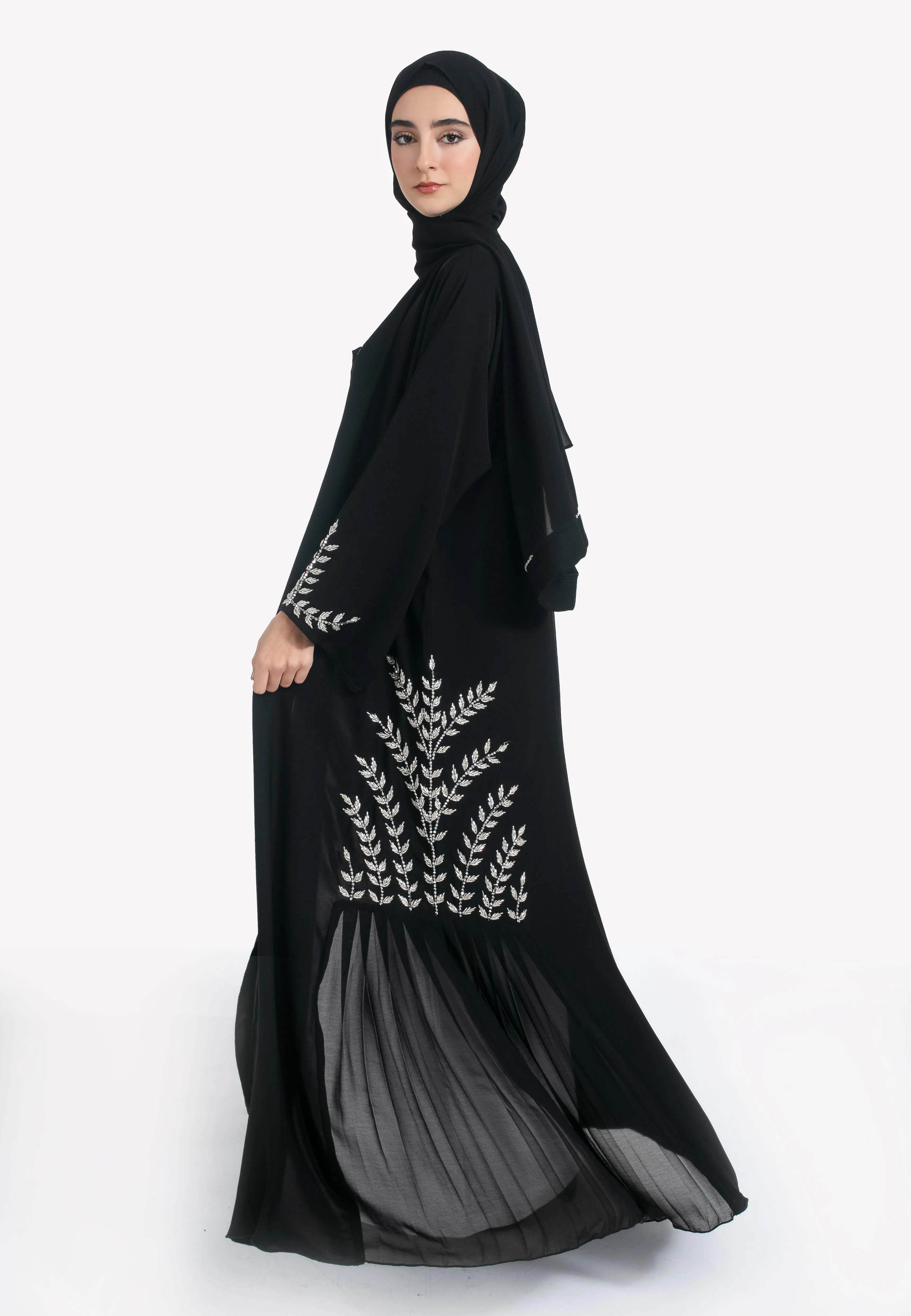 Black Embellished Open Abaya With Pleats