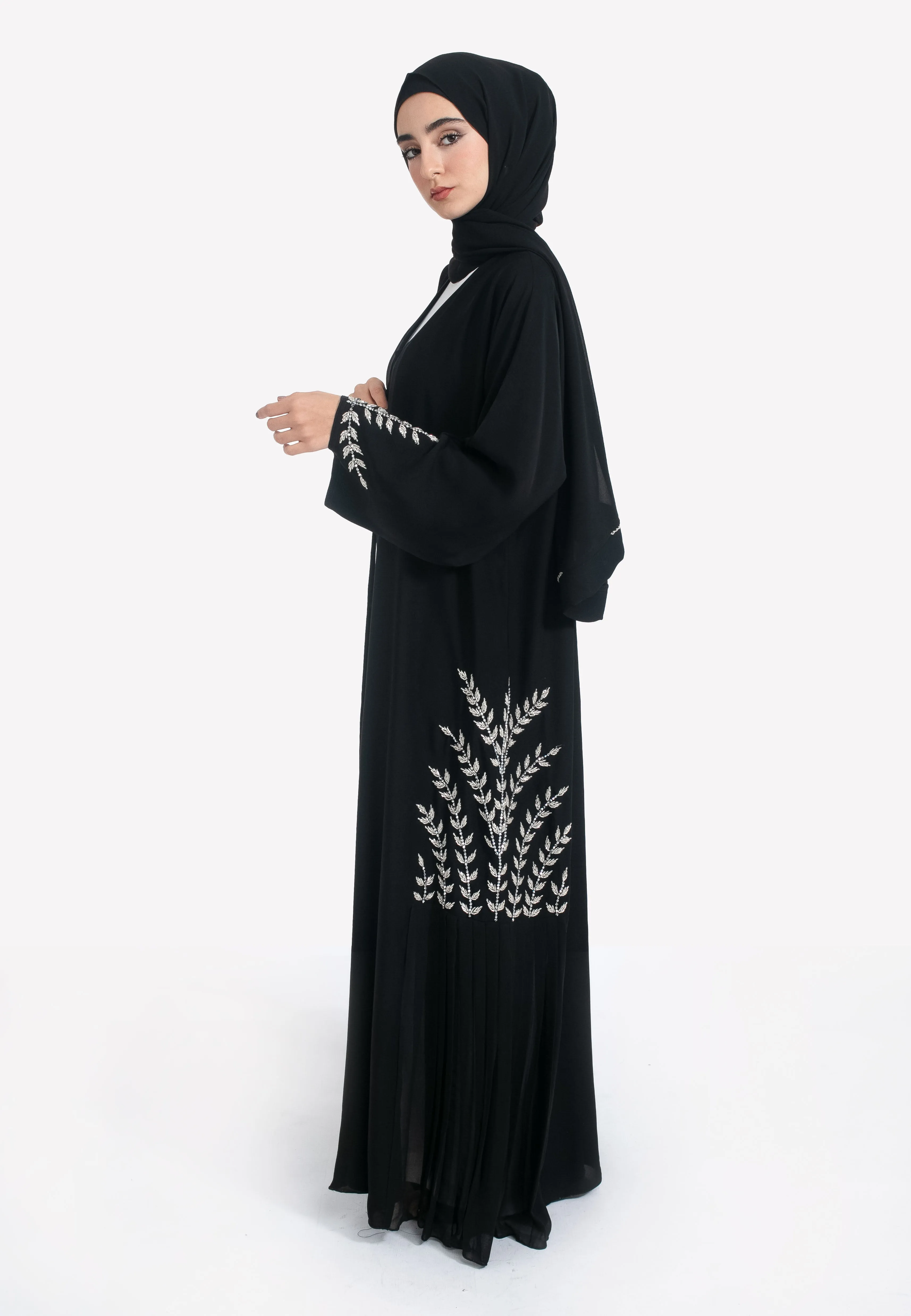 Black Embellished Open Abaya With Pleats