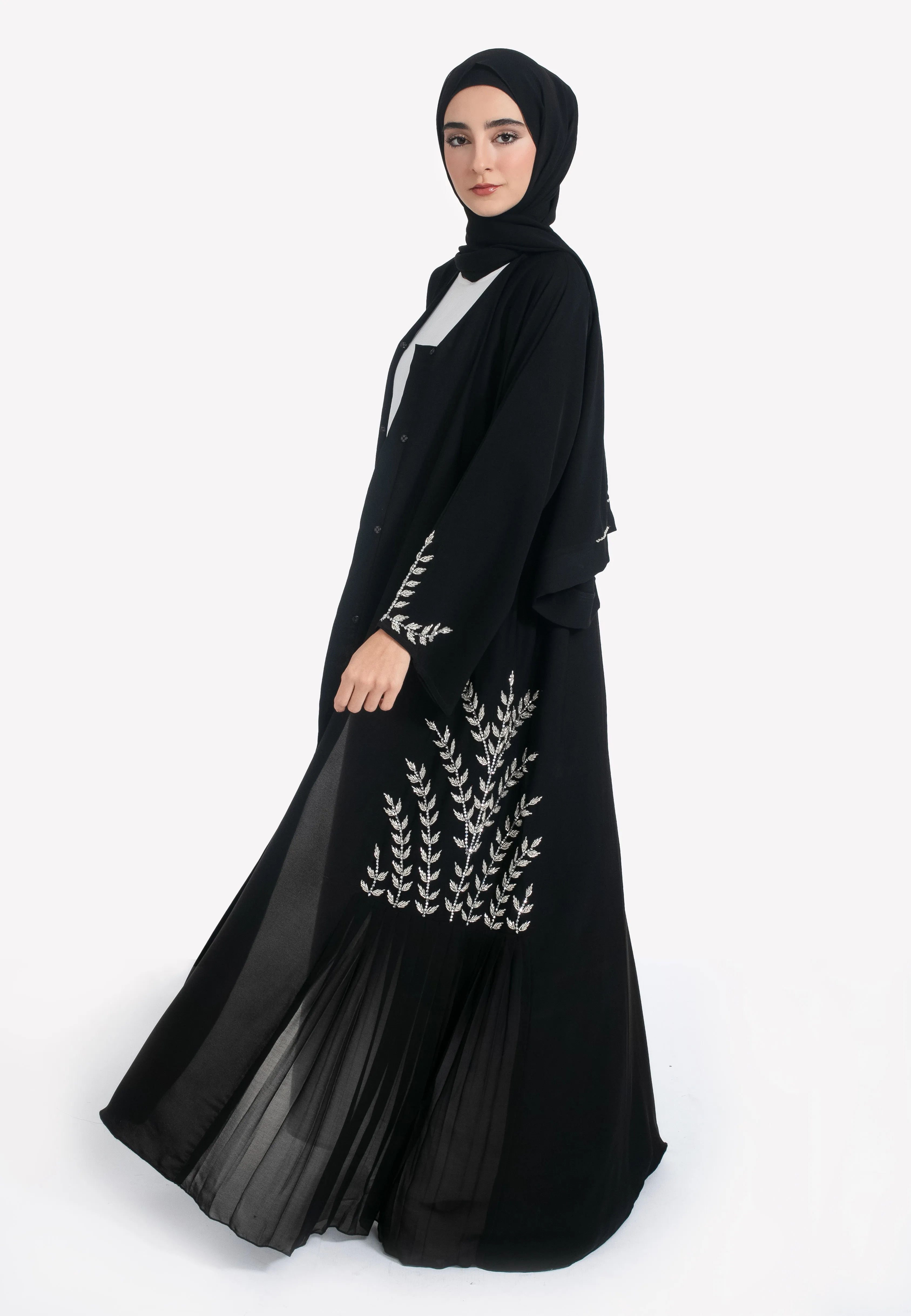 Black Embellished Open Abaya With Pleats