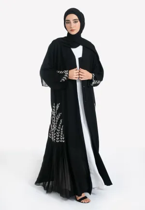 Black Embellished Open Abaya With Pleats
