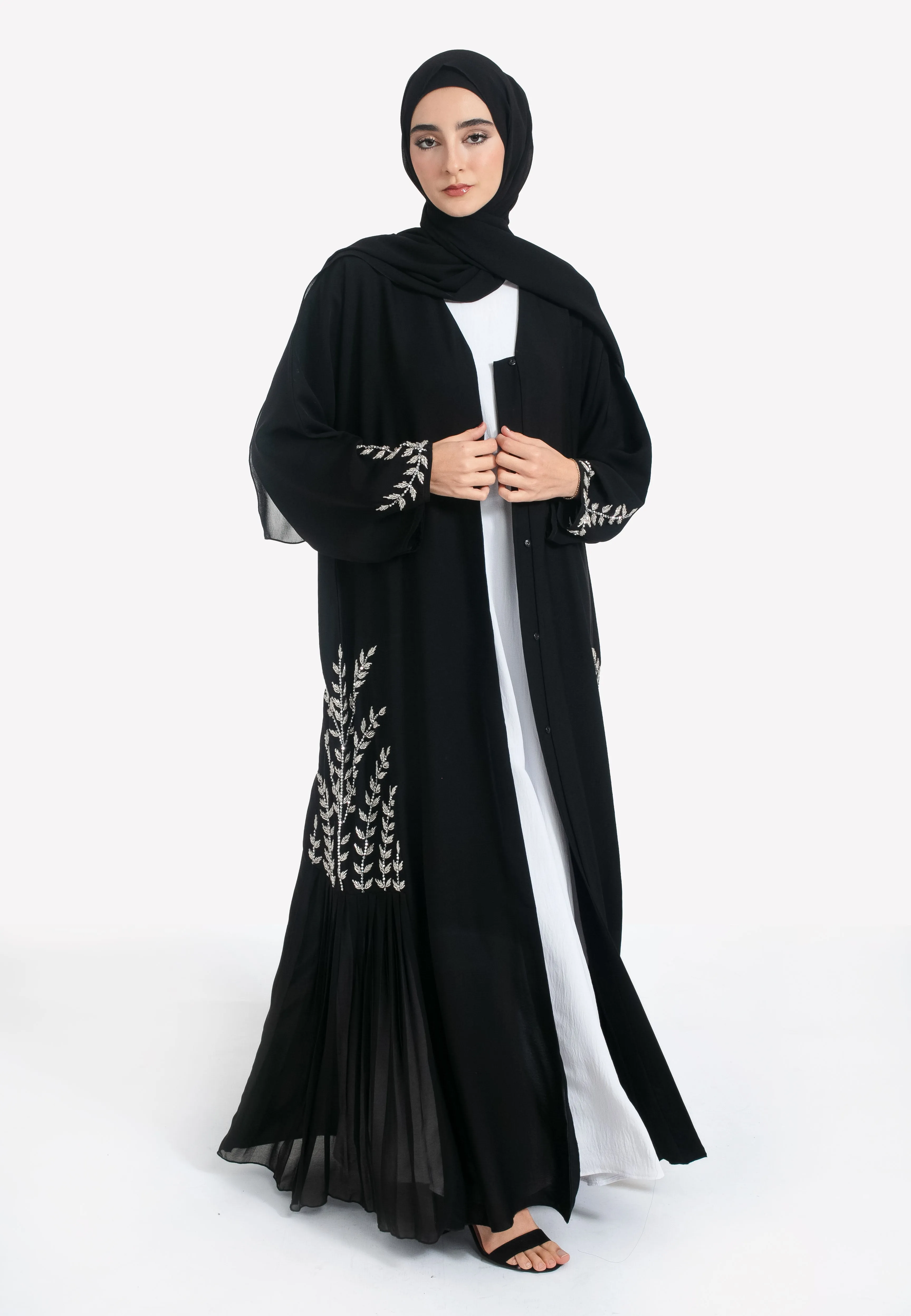 Black Embellished Open Abaya With Pleats