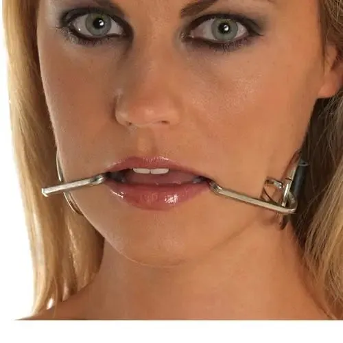 Black Leather Adjustable Mouth Gag Strap with Metal Smile Hooks