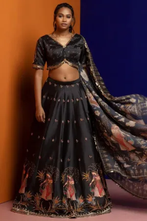 Black Peacock Embroidered Lehenga Set