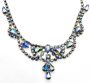 Blue Aurora Borealis rainbow vintage rhinestone statement necklace