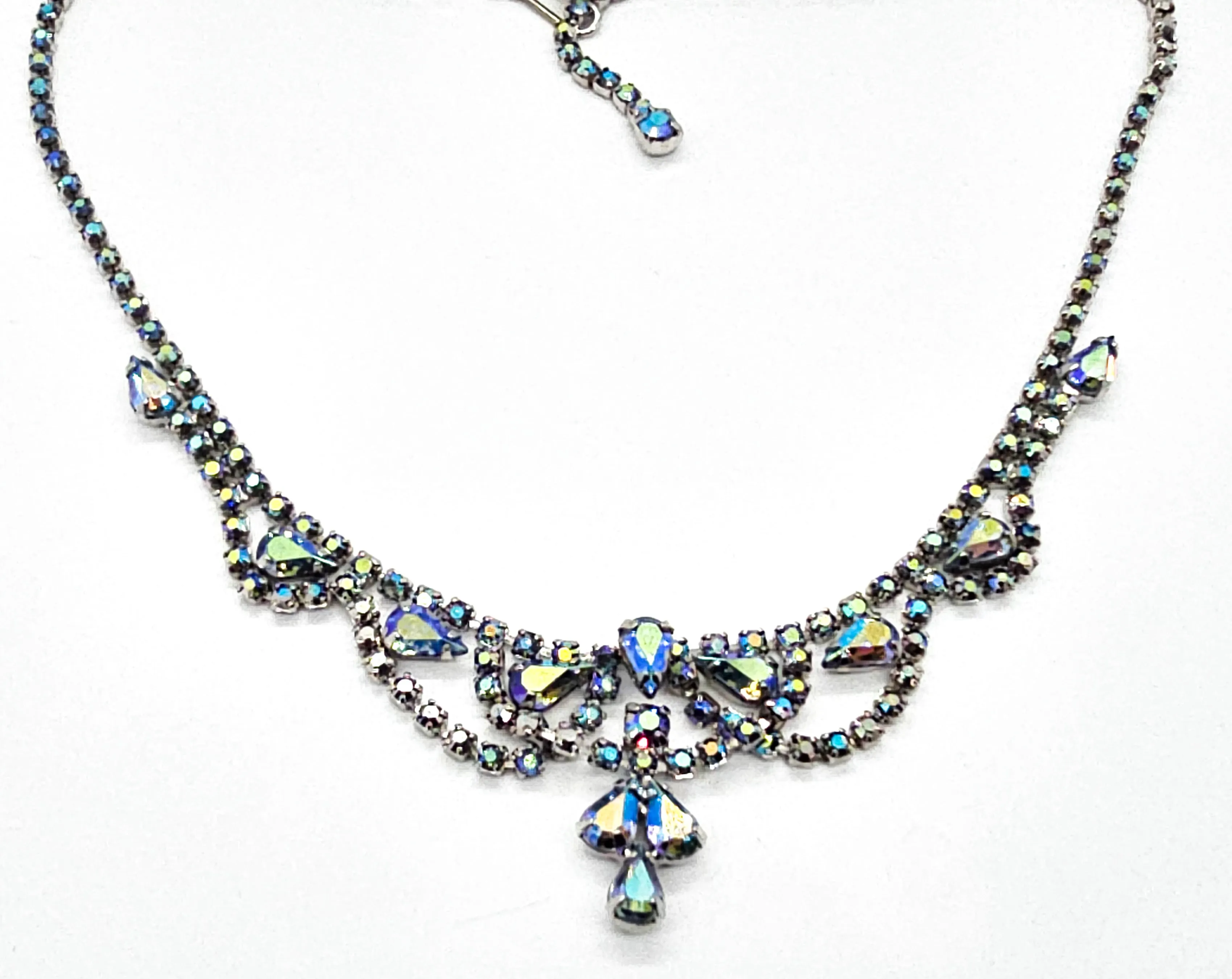 Blue Aurora Borealis rainbow vintage rhinestone statement necklace