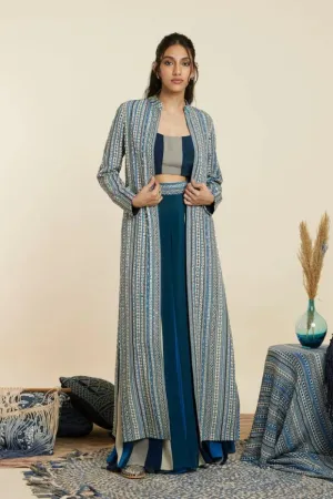BLUE BOHO STRIPE EMBELLISHED CAPE SET