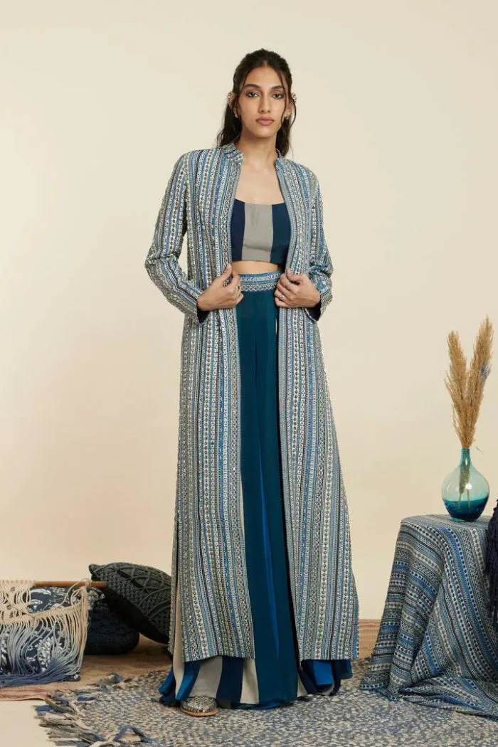 BLUE BOHO STRIPE EMBELLISHED CAPE SET