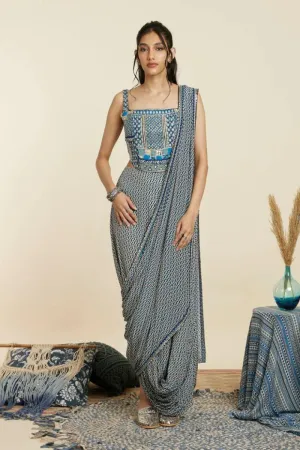 BLUE GEOMETRIC PRINT DRAPE SKIRT SET