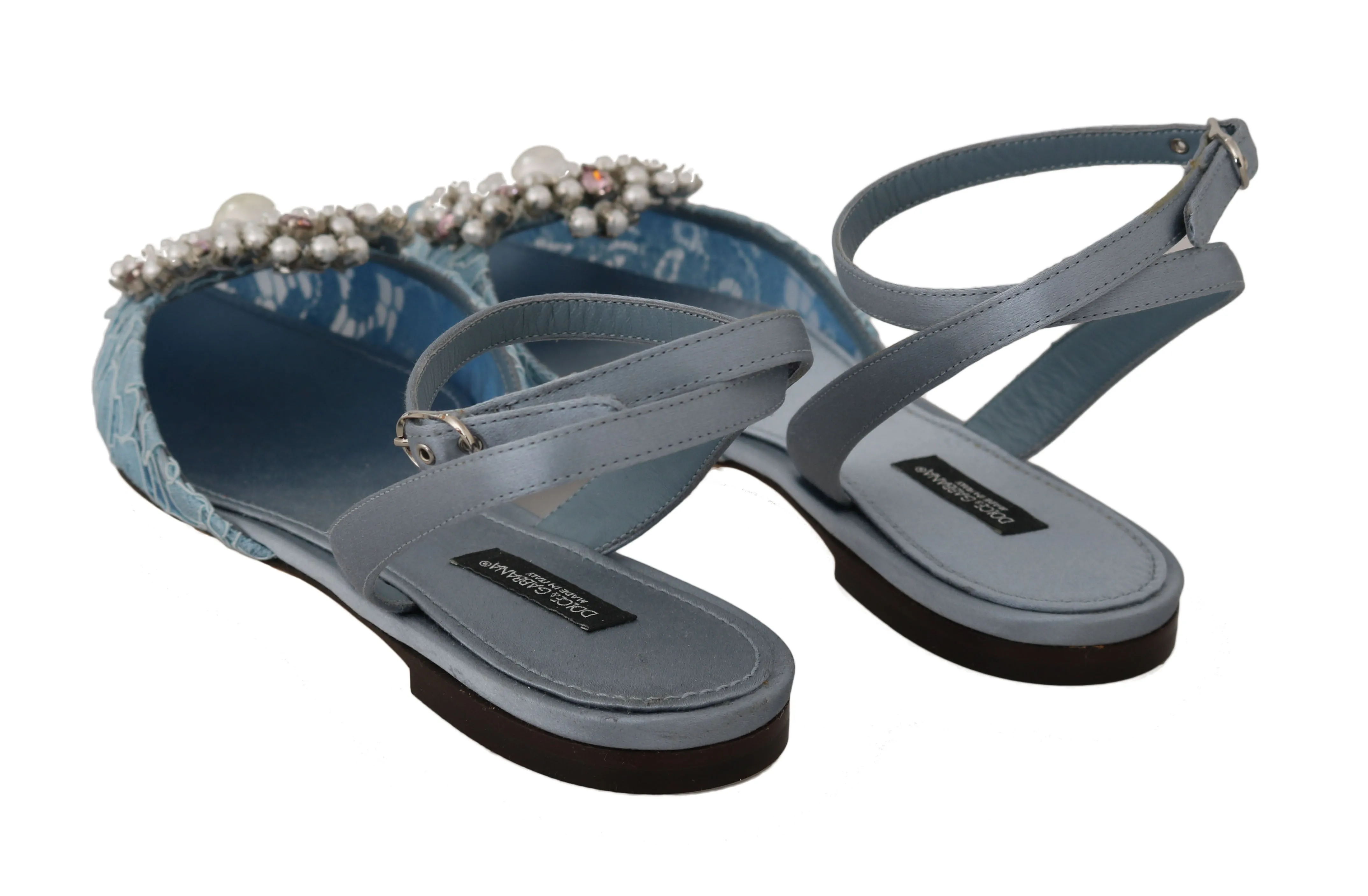 Blue Silk Lace Crystal Pearl Sandals