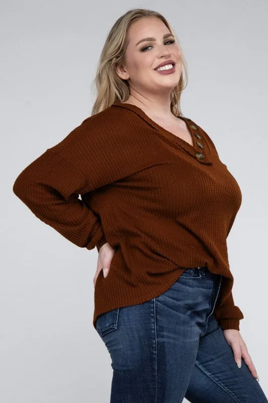 Brushed Waffle V-Neck Button Detail Sweater