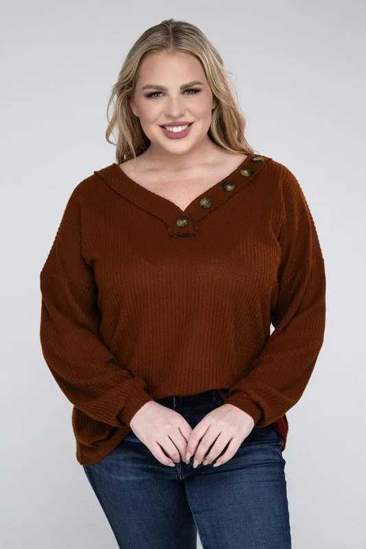 Brushed Waffle V-Neck Button Detail Sweater