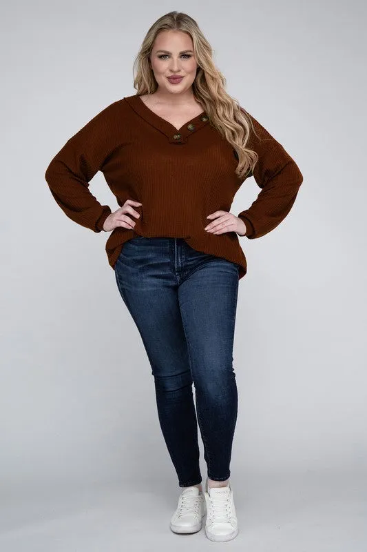 Brushed Waffle V-Neck Button Detail Sweater