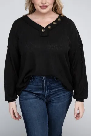 Brushed Waffle V-Neck Button Detail Sweater