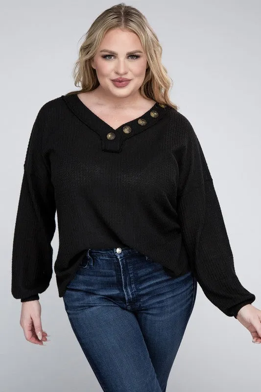 Brushed Waffle V-Neck Button Detail Sweater