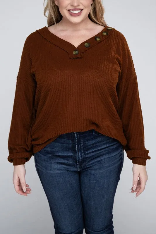 Brushed Waffle V-Neck Button Detail Sweater