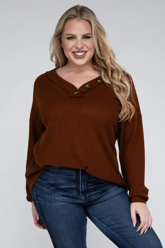 Brushed Waffle V-Neck Button Detail Sweater