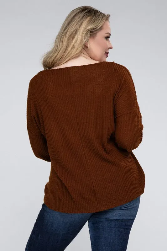 Brushed Waffle V-Neck Button Detail Sweater