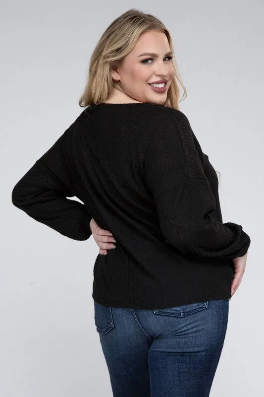 Brushed Waffle V-Neck Button Detail Sweater