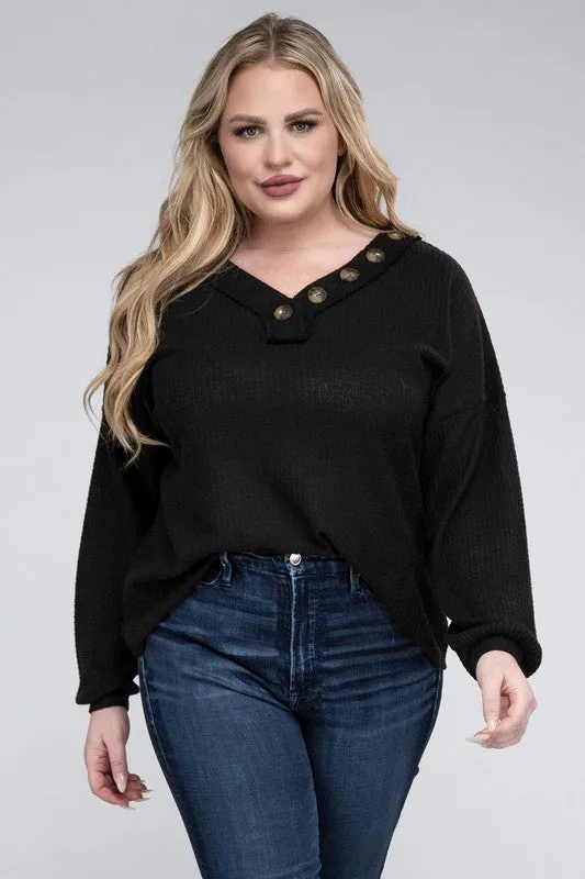 Brushed Waffle V-Neck Button Detail Sweater