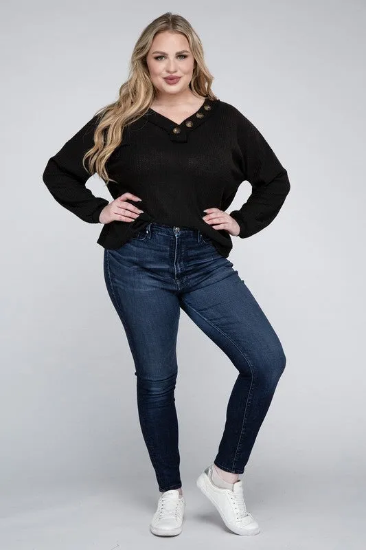 Brushed Waffle V-Neck Button Detail Sweater
