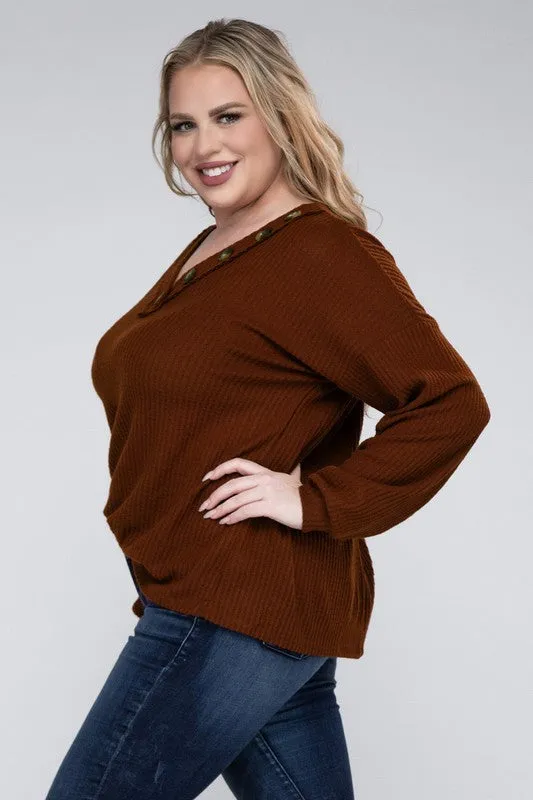 Brushed Waffle V-Neck Button Detail Sweater