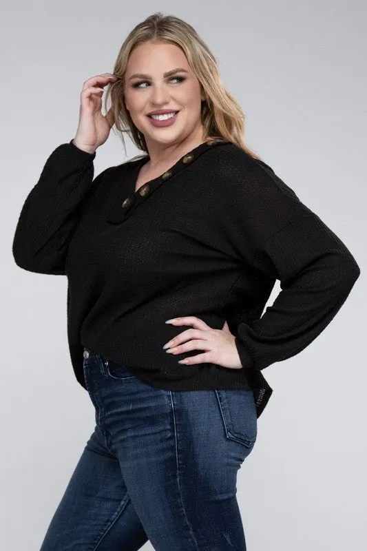 Brushed Waffle V-Neck Button Detail Sweater
