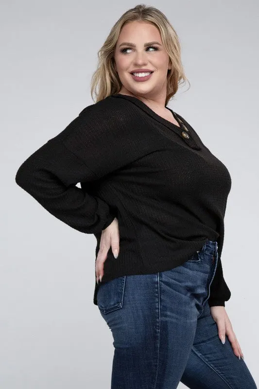 Brushed Waffle V-Neck Button Detail Sweater