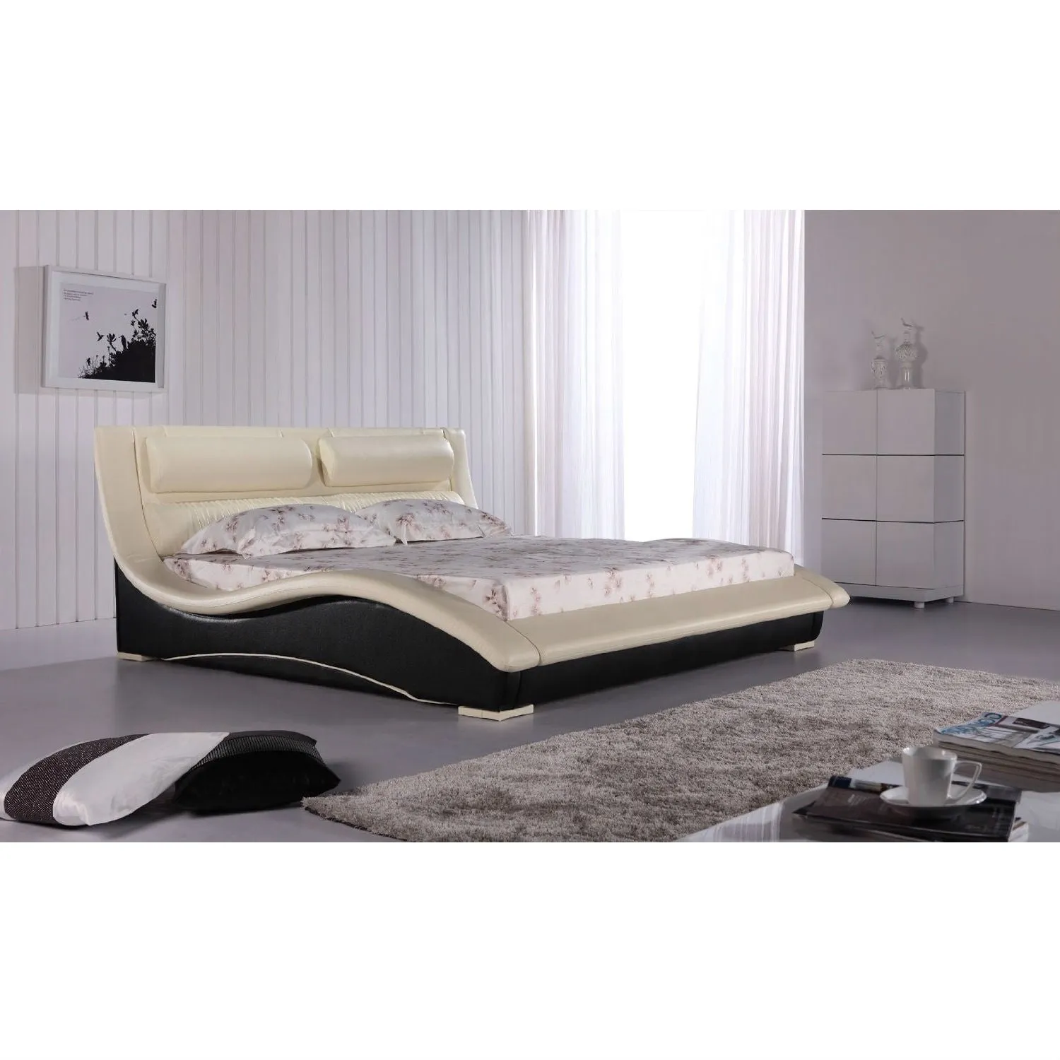 California King Modern Faux Leather Upholstered Platform Bed with Headboard in Cream Black