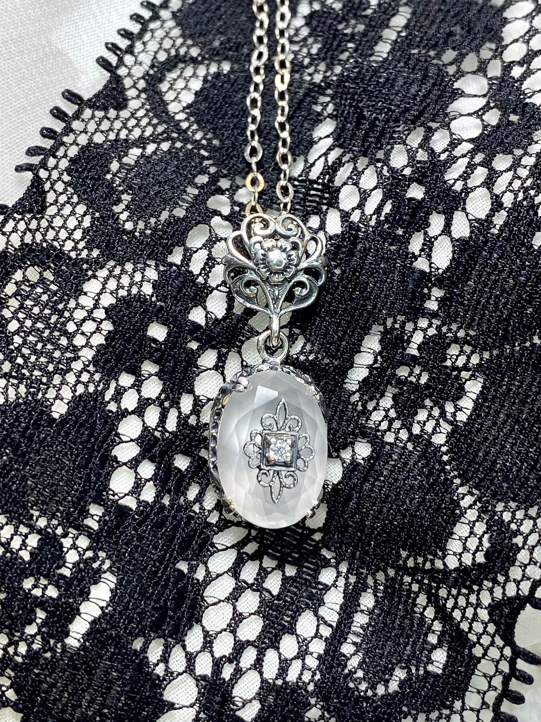 Camphor Glass Pendant, Embellished Edwardian Necklace #P70e