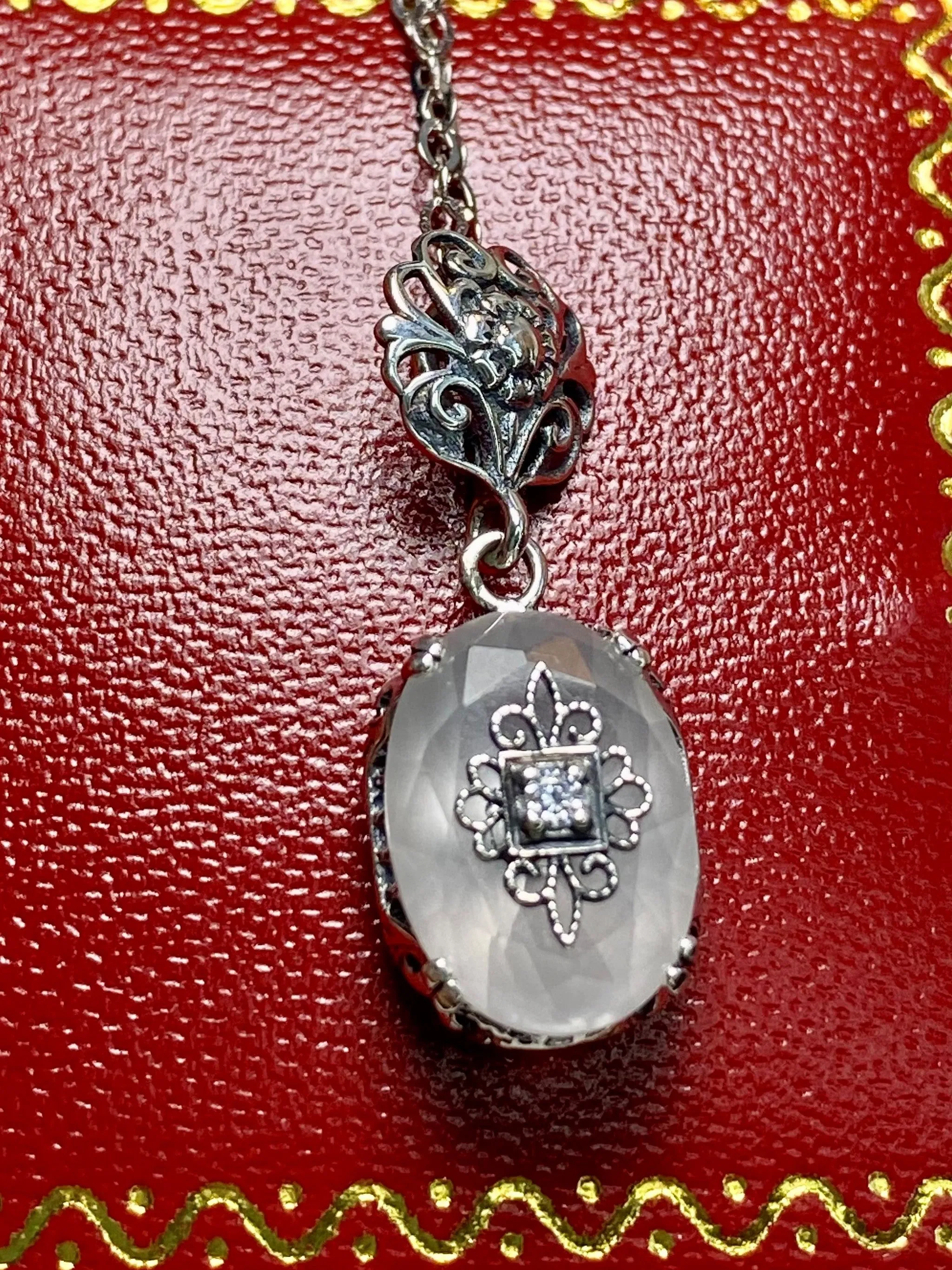 Camphor Glass Pendant, Embellished Edwardian Necklace #P70e