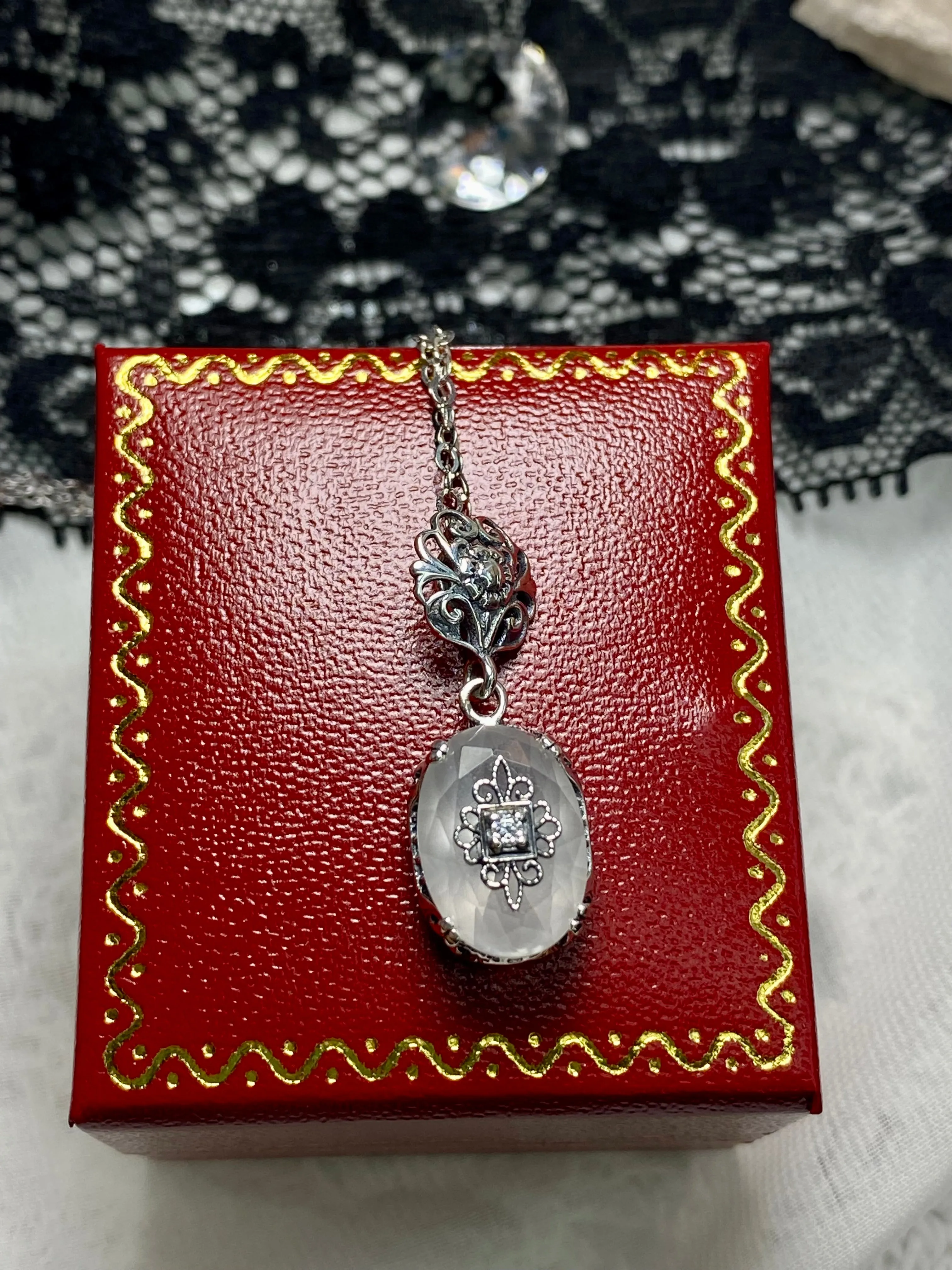 Camphor Glass Pendant, Embellished Edwardian Necklace #P70e