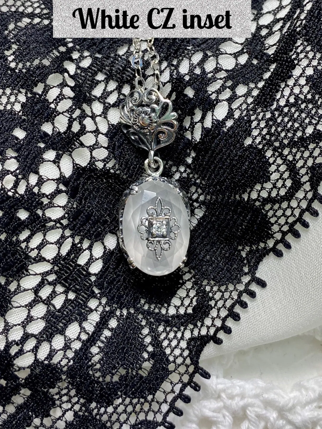 Camphor Glass Pendant, Embellished Edwardian Necklace #P70e